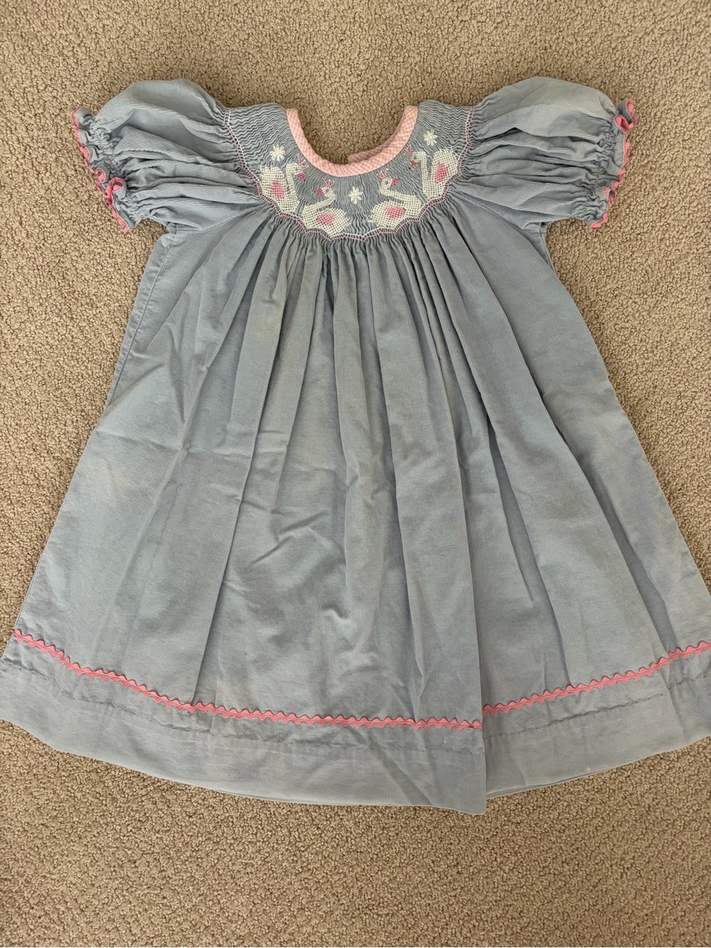 Smocked Light Blue Girls Dress with Pink Trim